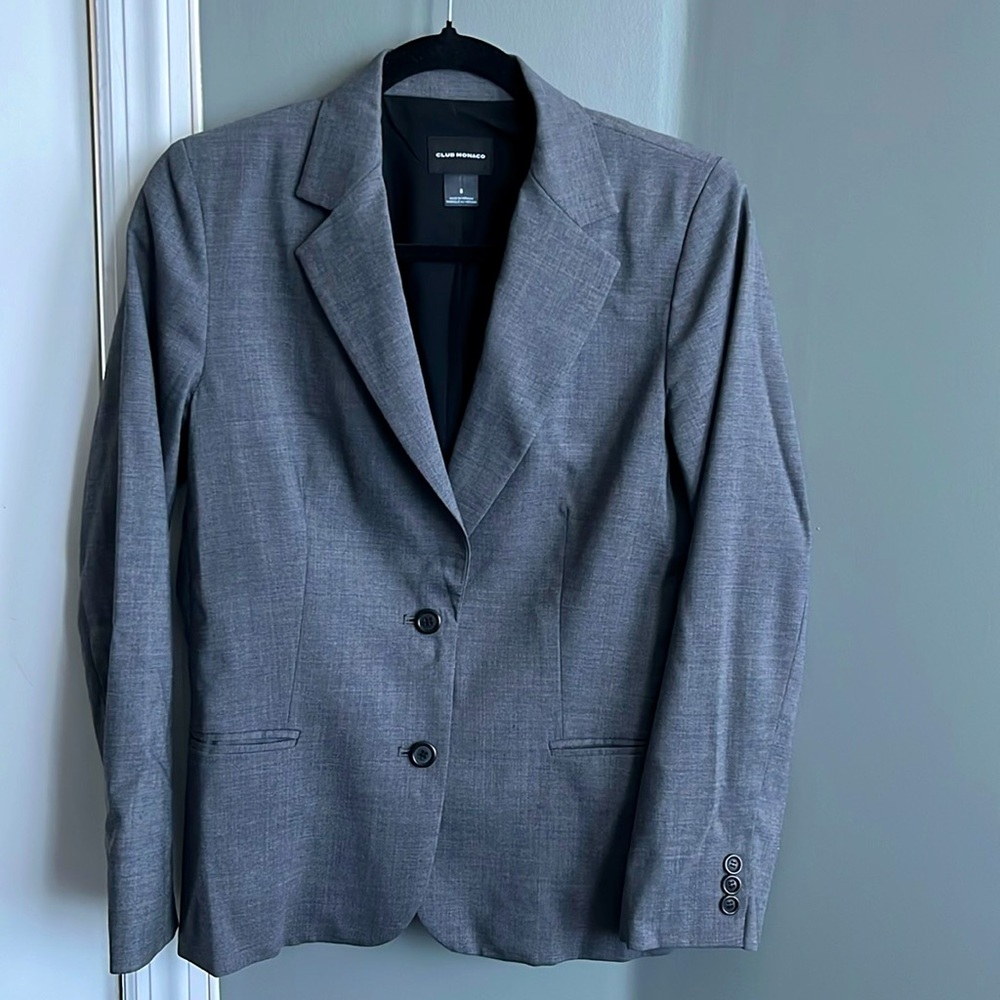 Club Monaco women’s suit jacket blazer size 8 charcoal gray pockets wool blend